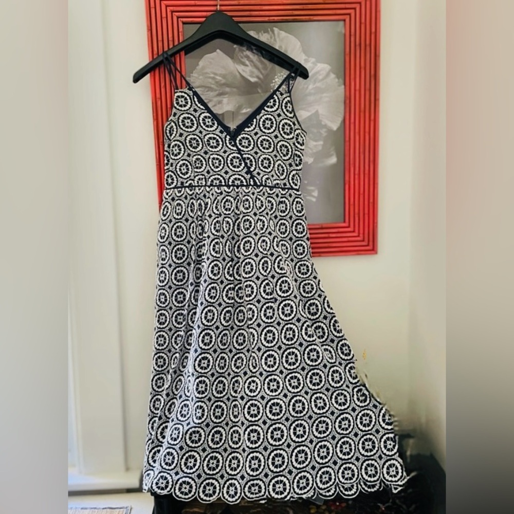 J. Crew Navy and White Eyelet Midi Dress